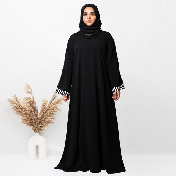 A-line Simple Black Abaya With White Cuff Patti With Hijab (001)