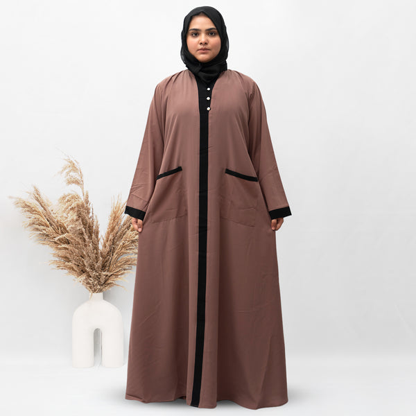 A-line Front Open Double Pocket Abaya in Brown Color (010)