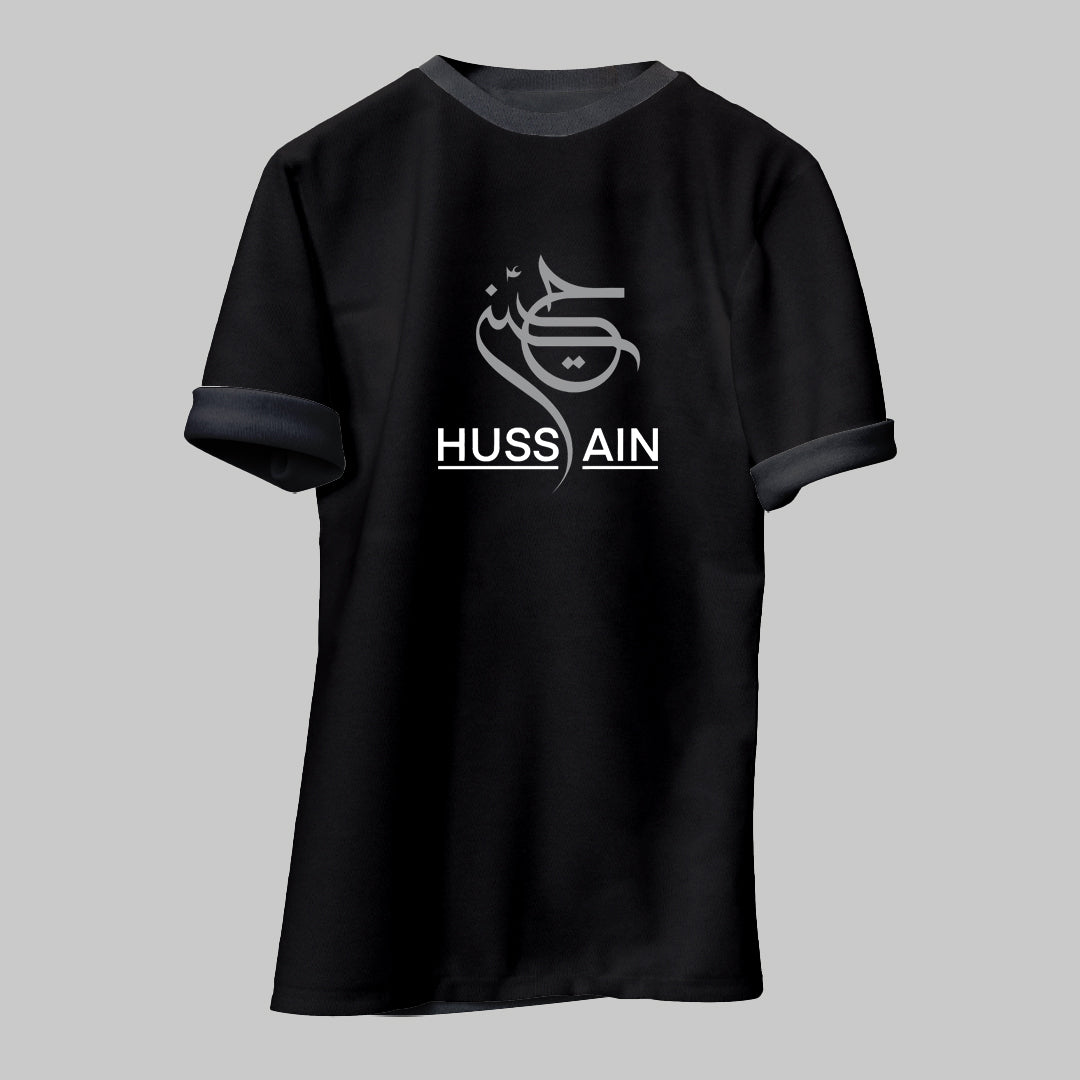 Ya Hussain Calligraphy T-Shirt Urdu and English Men Printed Round Neck Premium Cotton Blend Black T-Shirt