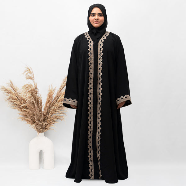 A-Line Front Open Patch Work Abaya in Black Color With Hijab (013)