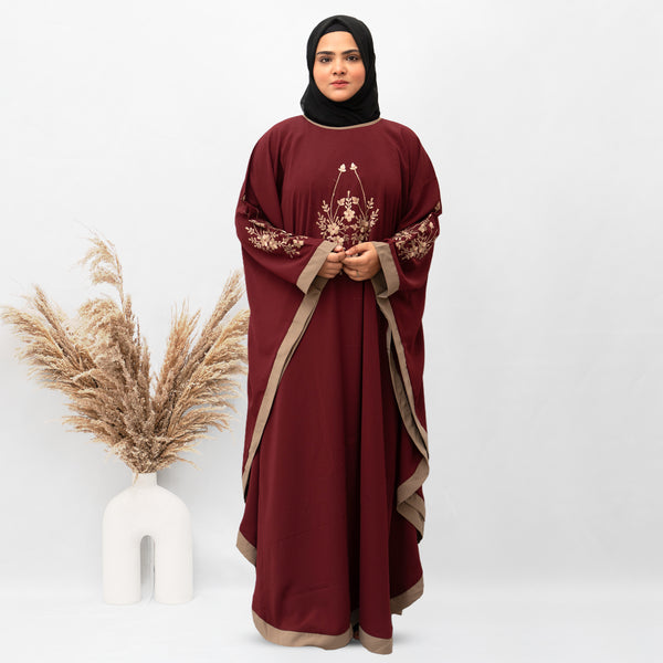 3 Boota Embroidery Kaftan Abaya in Maroon Color With Hijab (014)