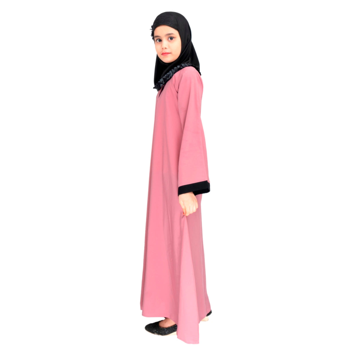 Beautiful Self Design Pink Crepe Islamic Abaya for Kids_001