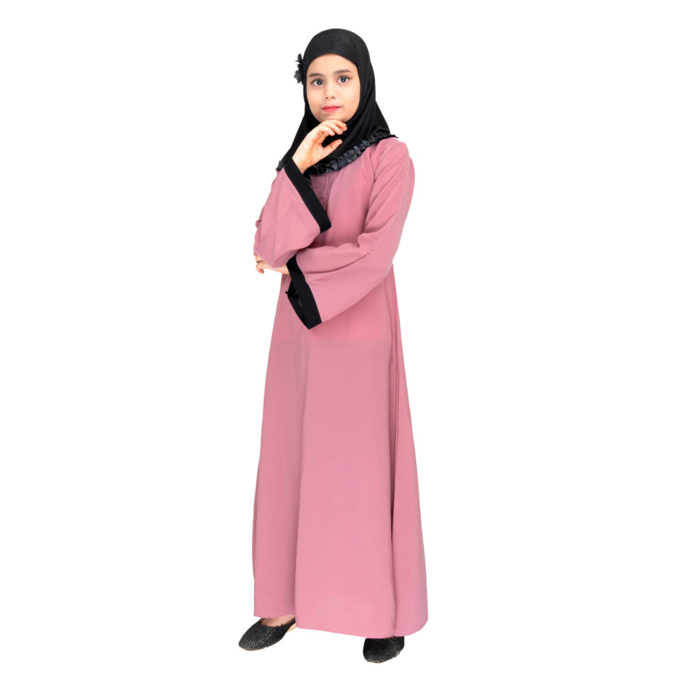 Beautiful Self Design Pink Crepe Islamic Abaya for Kids_001