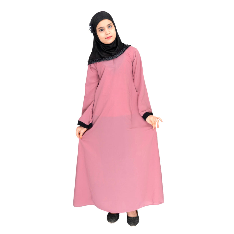 Beautiful Self Design Pink Crepe Islamic Abaya for Kids_001