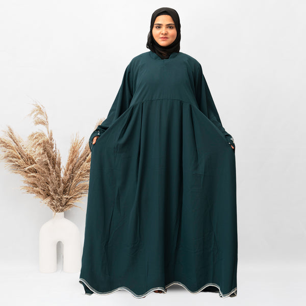 Star Design Sleeves Embroidery Abaya in Ramagreen Color With Hijab (025)