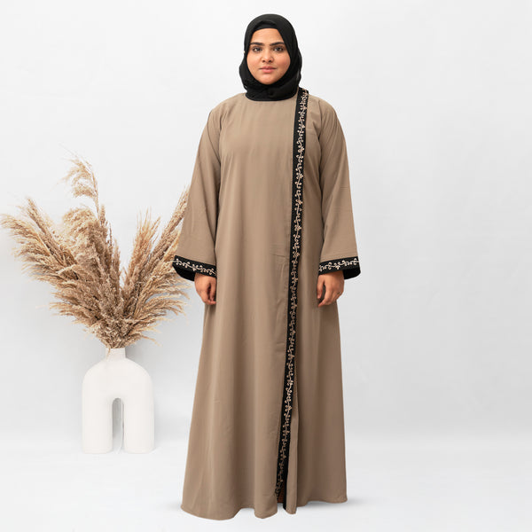 Front Open Side Embroidery Abaya in Beige Color With Hijab (029)