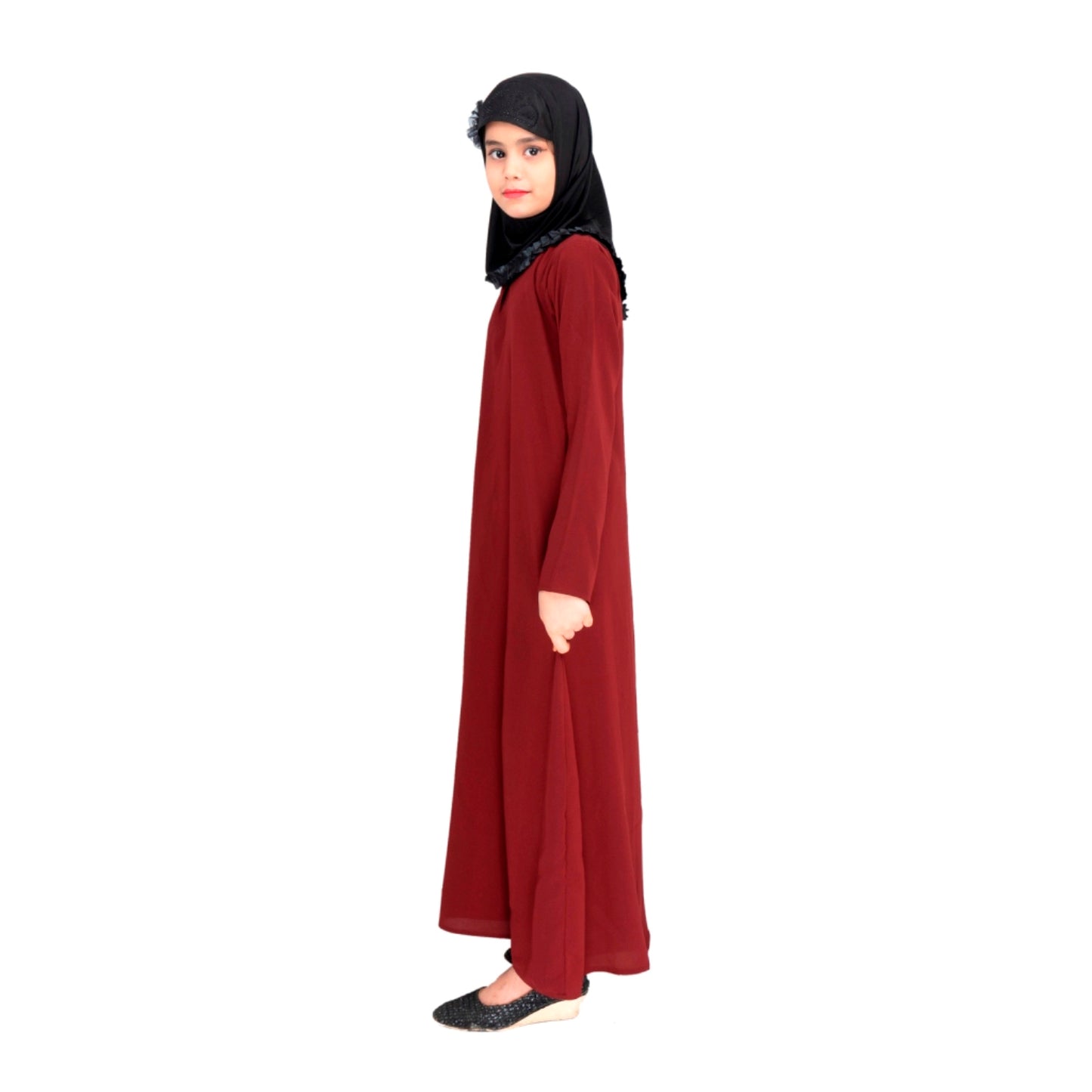Beautiful Self Design Maroon Crepe Islamic Abaya for Kids_002