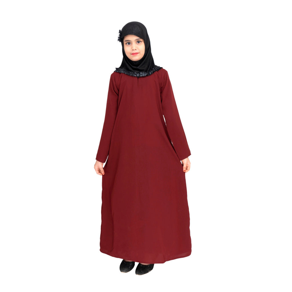 Beautiful Self Design Maroon Crepe Islamic Abaya for Kids_002