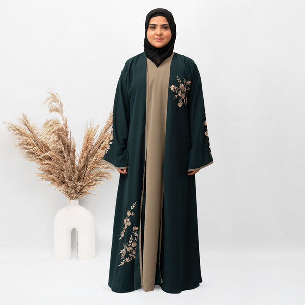 Shrug Embroidery Abaya in Green Color With Hijab (030)