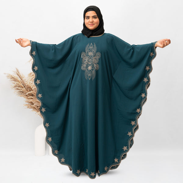 Round Border Embroidery Kaftan Abaya in Ramagreen Color With Hijab (031)