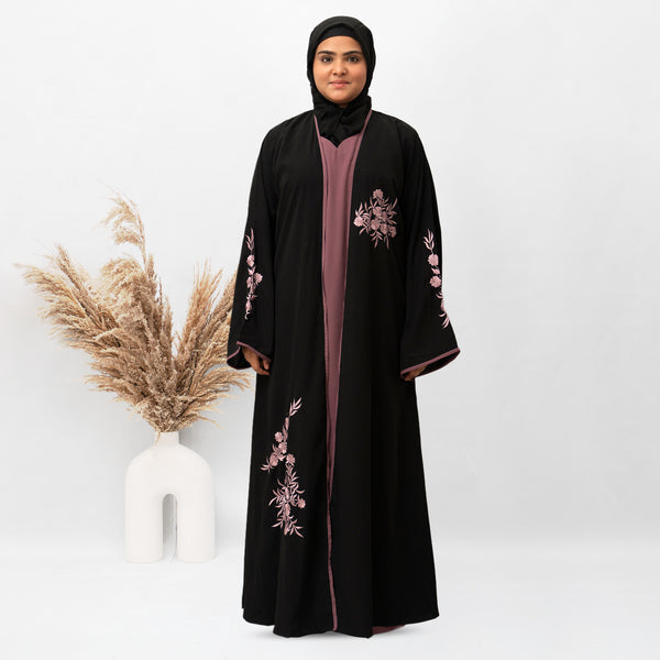 Shrug Embroidery Abaya in Black Color With Hijab (034)