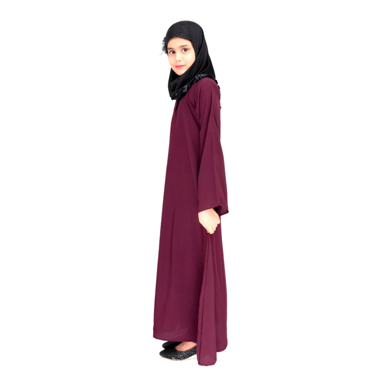 Beautiful Self Design Purple Crepe Islamic Abaya for Kids_003