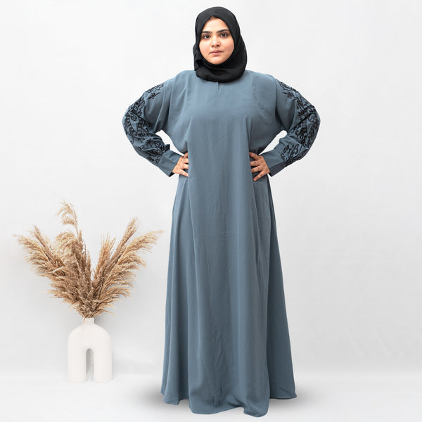 Full Sleeves Black Embroidery Abaya in Grey Color With Hijab (004)