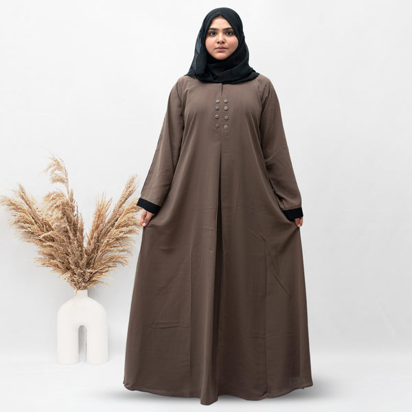 A-line Simple 8 Button Abaya in Dark Brown Color With Hijab (008)