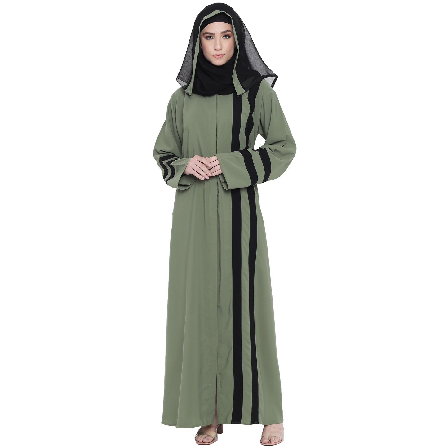 Beautiful Self Design Green Front Open With Straight Black Patti Crepe Abaya or Burqa With Hijab for Women & Girls_0848