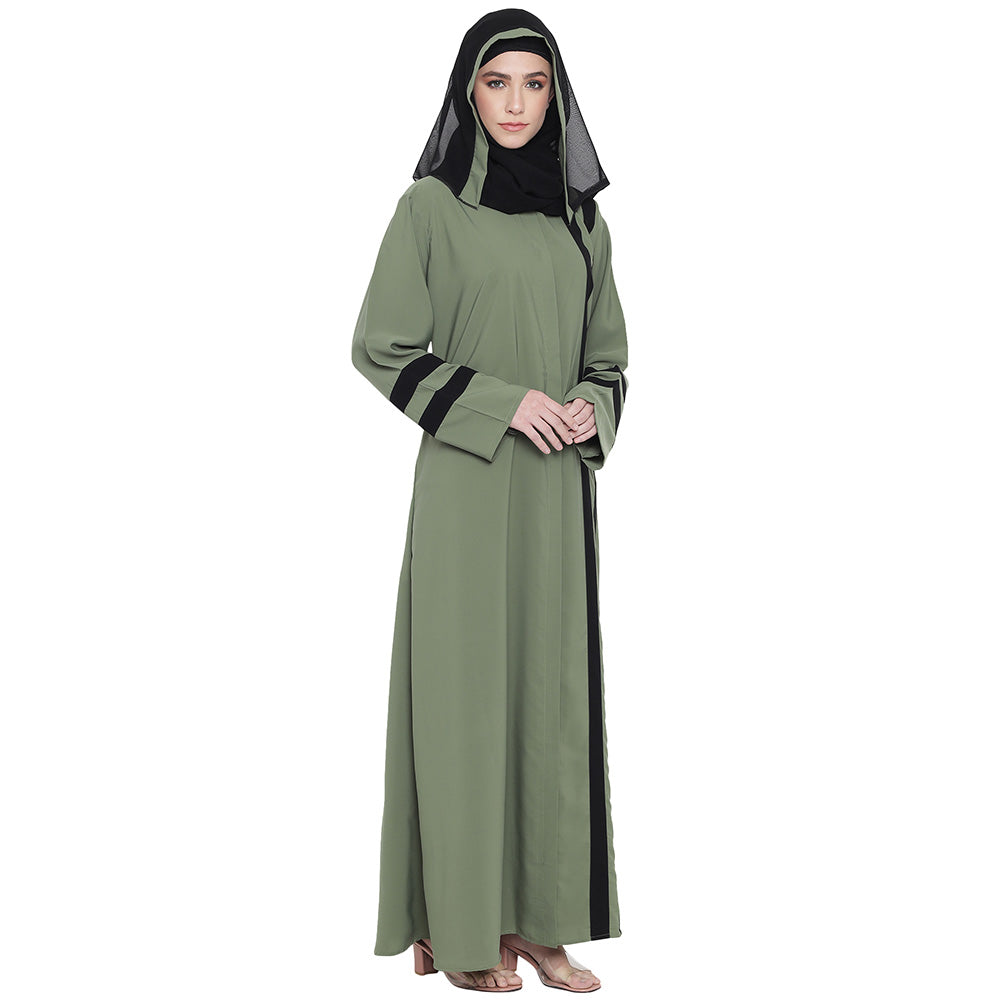 Beautiful Self Design Green Front Open With Straight Black Patti Crepe Abaya or Burqa With Hijab for Women & Girls_0848