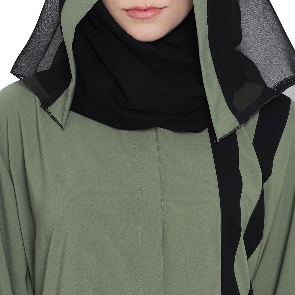 Beautiful Self Design Green Front Open With Straight Black Patti Crepe Abaya or Burqa With Hijab for Women & Girls_0848