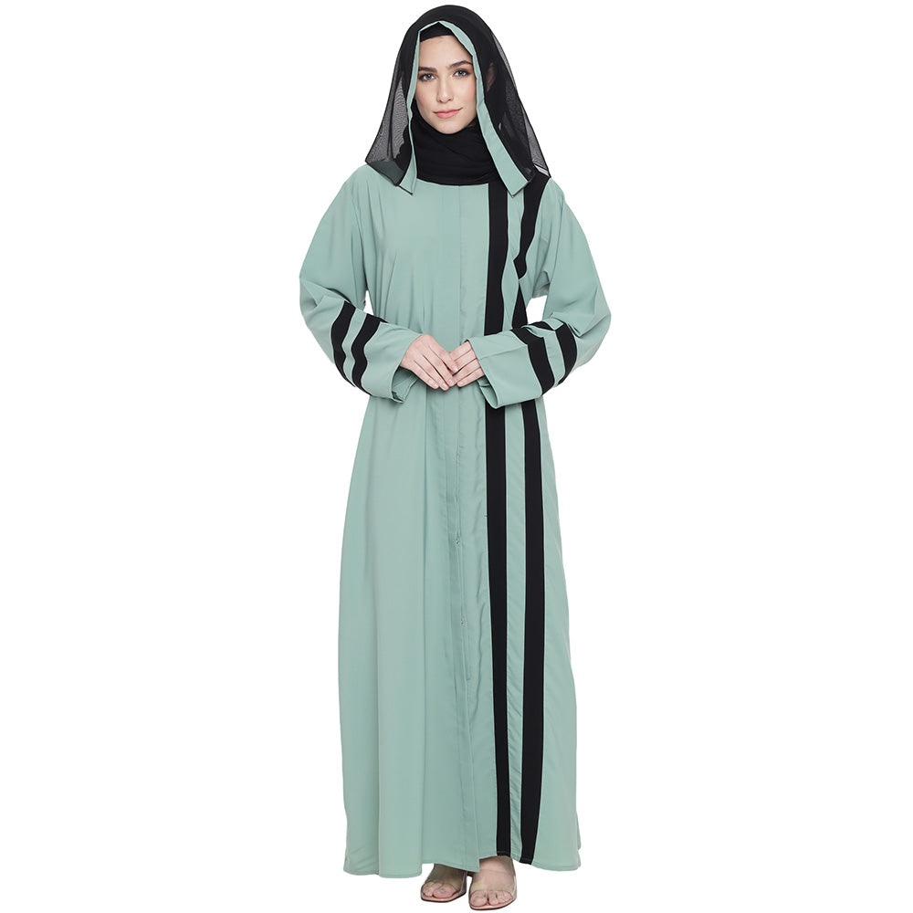 Beautiful Self Design Almond Green Front Open With Straight Black Patti Crepe Abaya or Burqa With Hijab for Women & Girls_0849