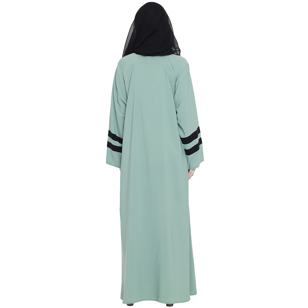 Beautiful Self Design Almond Green Front Open With Straight Black Patti Crepe Abaya or Burqa With Hijab for Women & Girls_0849