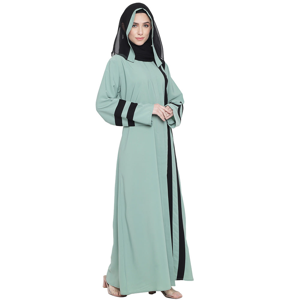 Beautiful Self Design Almond Green Front Open With Straight Black Patti Crepe Abaya or Burqa With Hijab for Women & Girls_0849