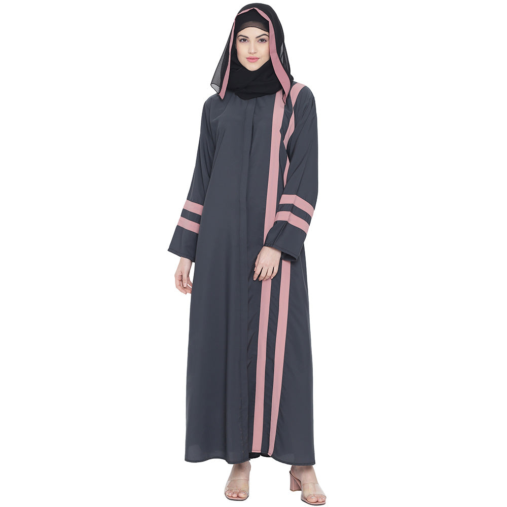 Beautiful Self Design Dark Grey Front Open With Straight Pink Patti Crepe Abaya or Burqa With Hijab for Women & Girls_0850