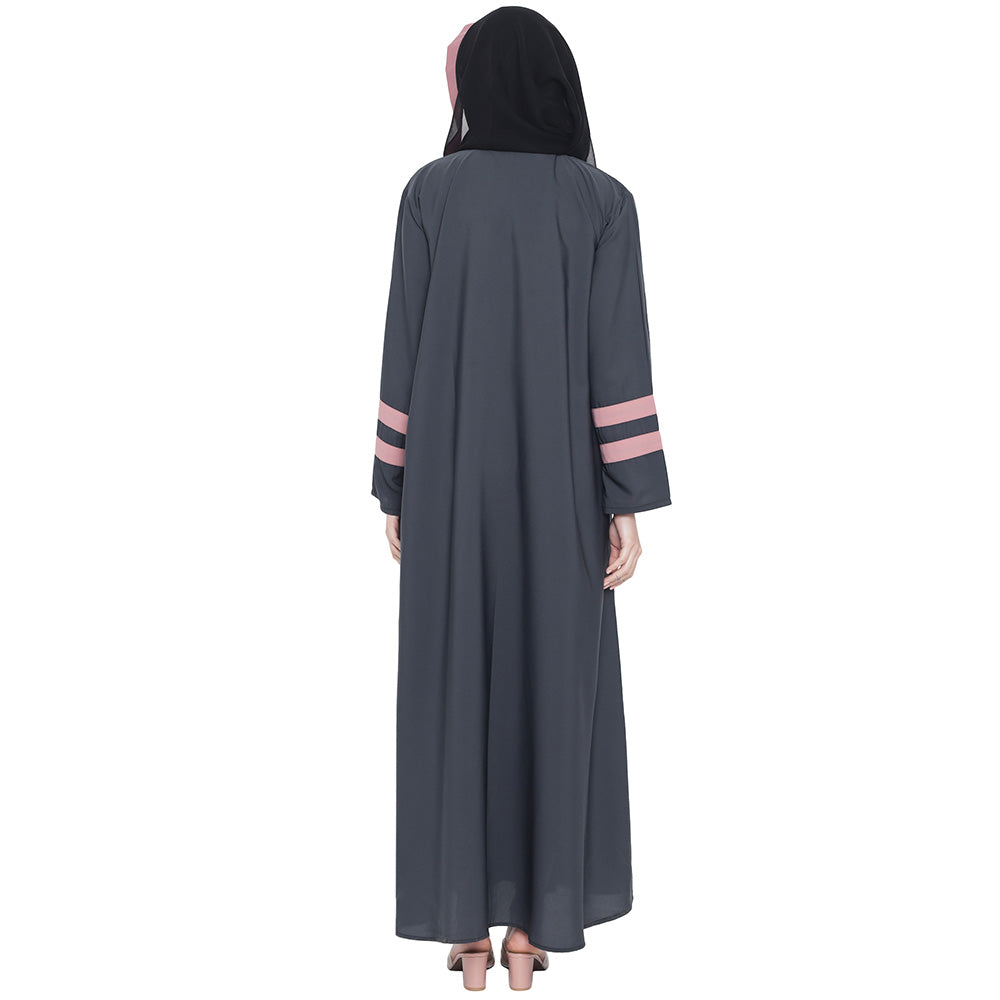 Beautiful Self Design Dark Grey Front Open With Straight Pink Patti Crepe Abaya or Burqa With Hijab for Women & Girls_0850