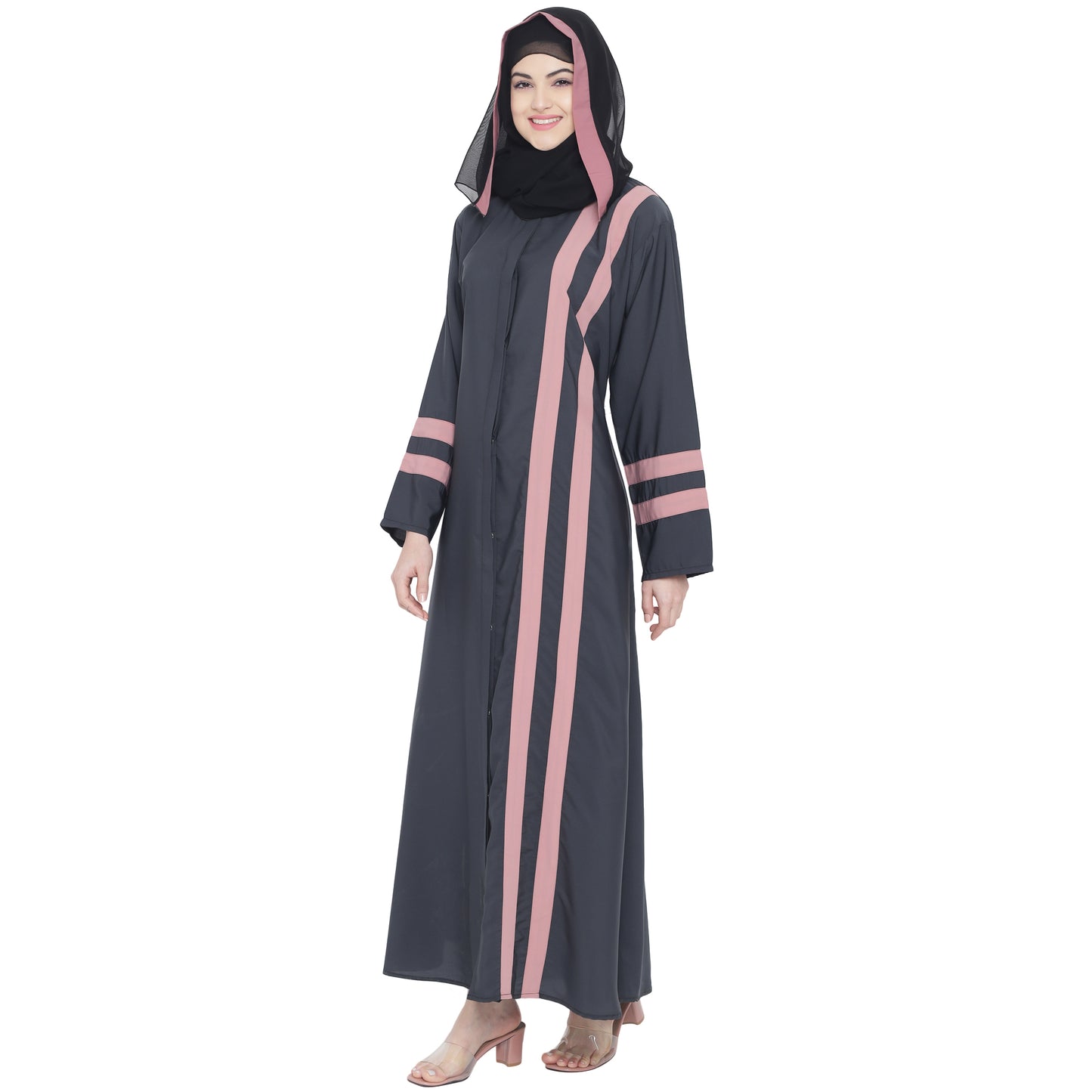 Beautiful Self Design Dark Grey Front Open With Straight Pink Patti Crepe Abaya or Burqa With Hijab for Women & Girls_0850