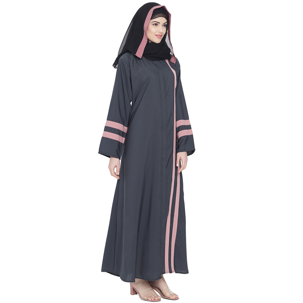 Beautiful Self Design Dark Grey Front Open With Straight Pink Patti Crepe Abaya or Burqa With Hijab for Women & Girls_0850