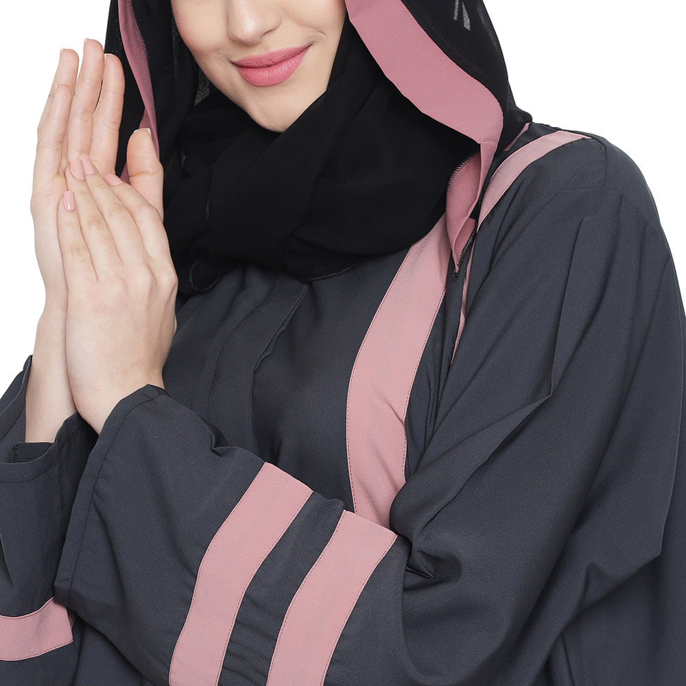 Beautiful Self Design Dark Grey Front Open With Straight Pink Patti Crepe Abaya or Burqa With Hijab for Women & Girls_0850