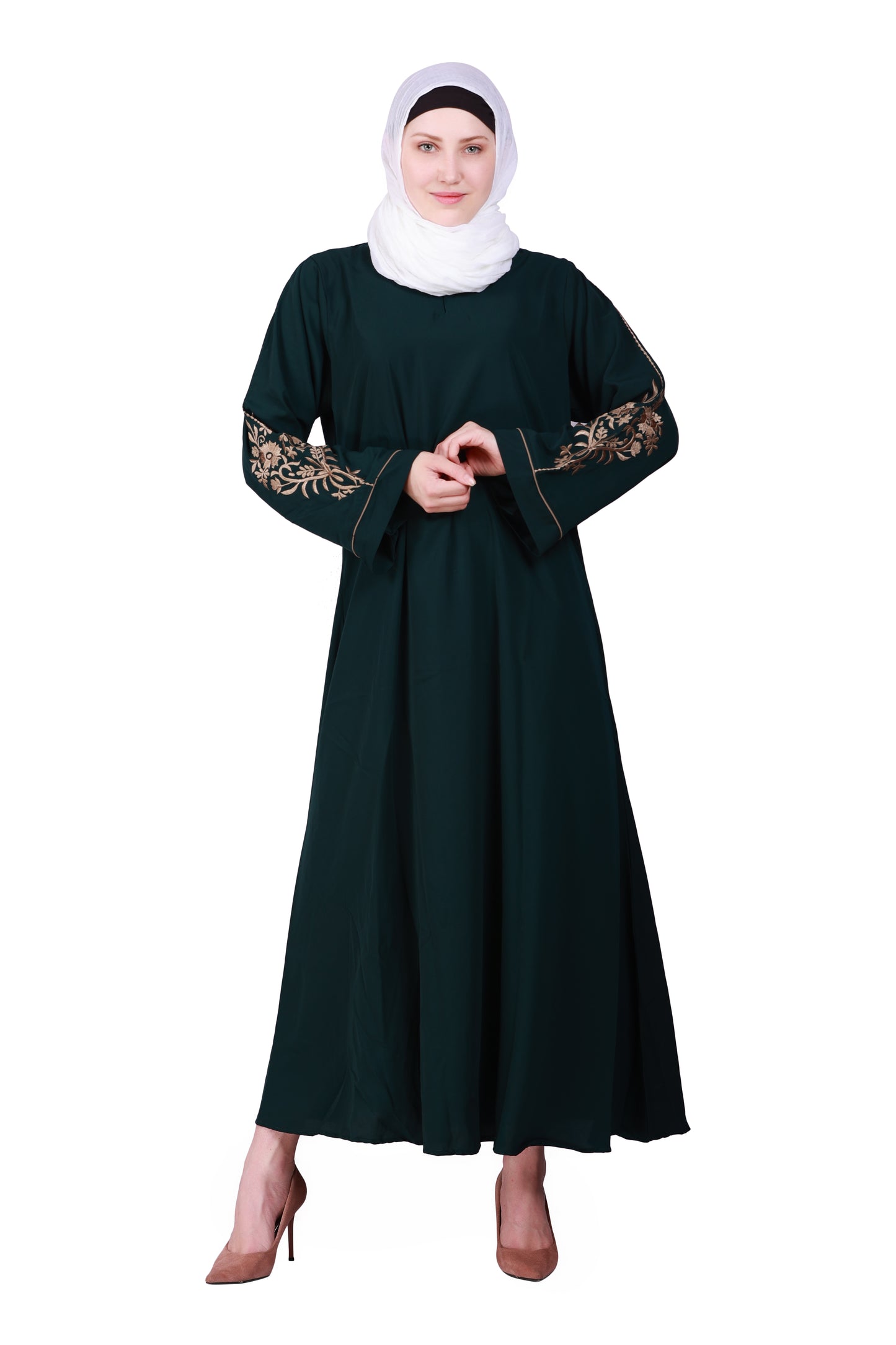 Beautiful Self Design Bottle Green Sleeve Embroidery Aline Crepe Abaya or Burqa With Hijab for Women & Girls_00851