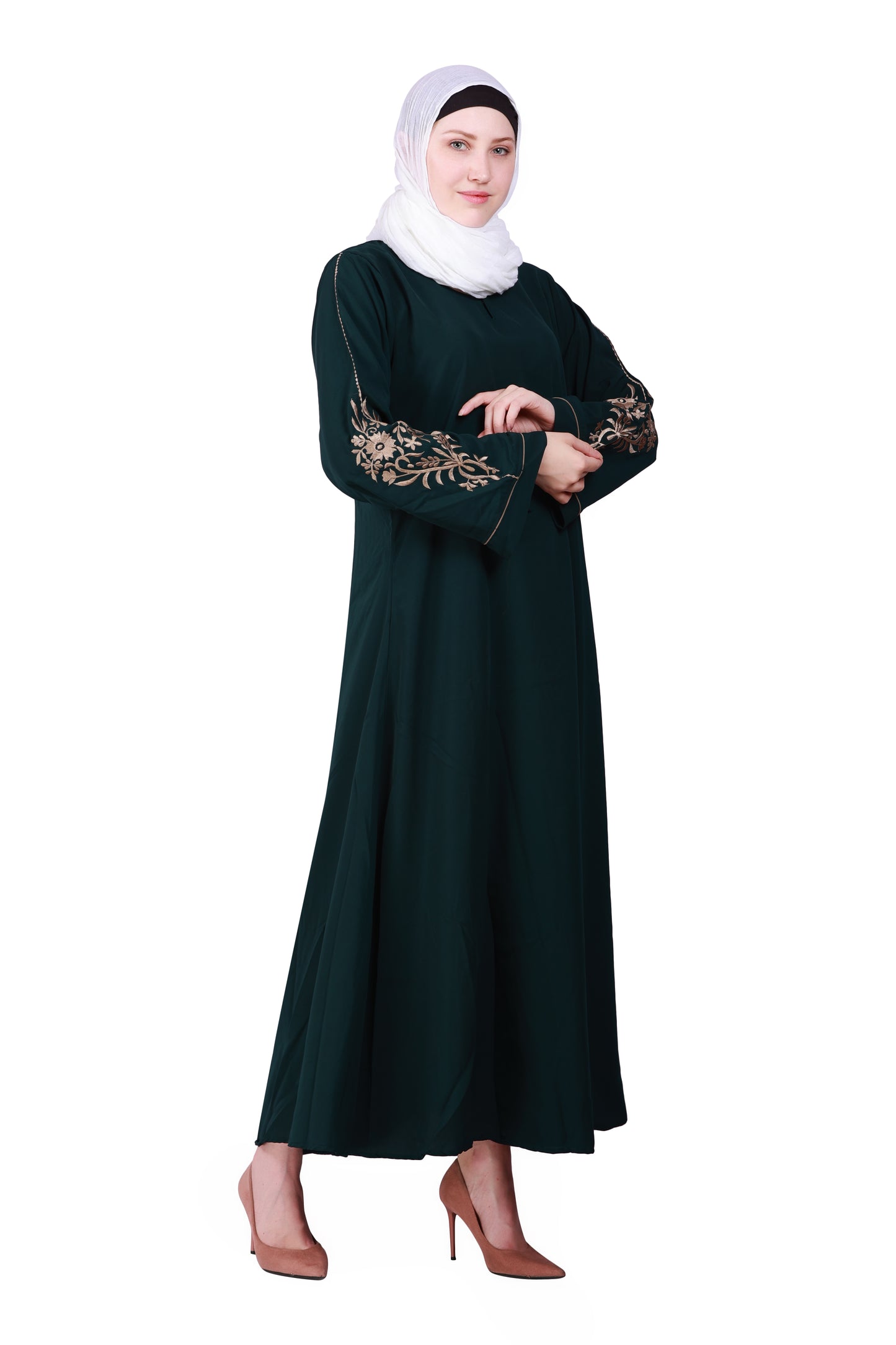 Beautiful Self Design Bottle Green Sleeve Embroidery Aline Crepe Abaya or Burqa With Hijab for Women & Girls_00851