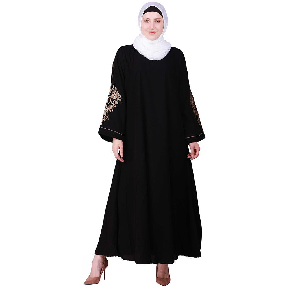 Beautiful Self Design Black Sleeve Embroidery Aline Crepe Abaya or Burqa With Hijab for Women & Girls_00852