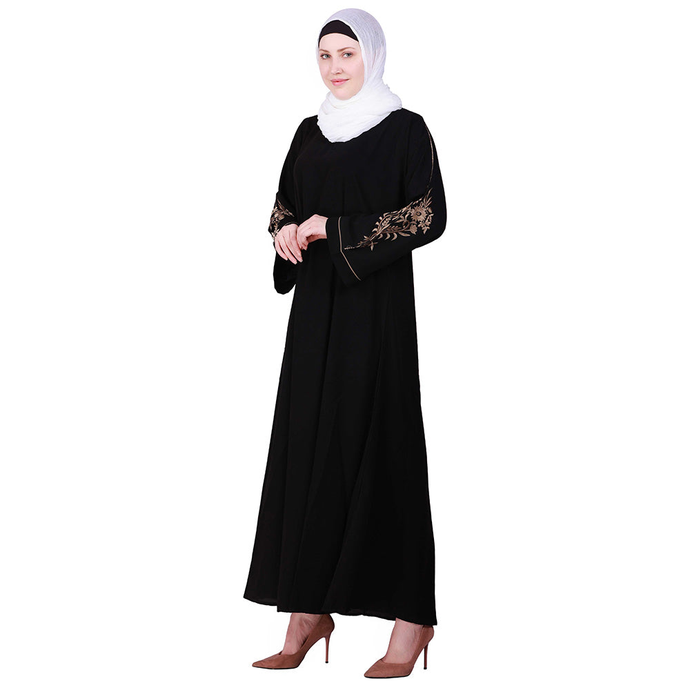 Beautiful Self Design Black Sleeve Embroidery Aline Crepe Abaya or Burqa With Hijab for Women & Girls_00852