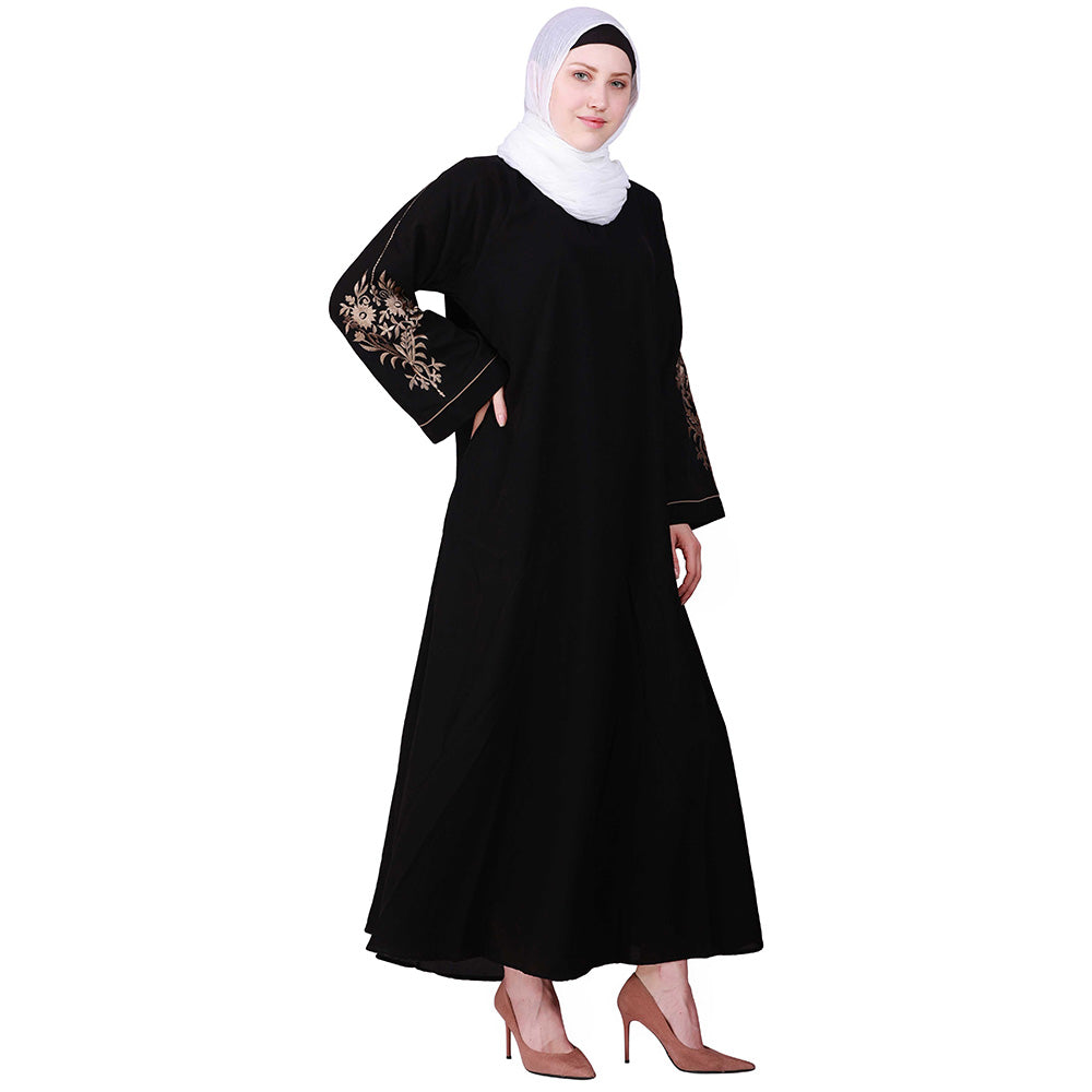 Beautiful Self Design Black Sleeve Embroidery Aline Crepe Abaya or Burqa With Hijab for Women & Girls_00852