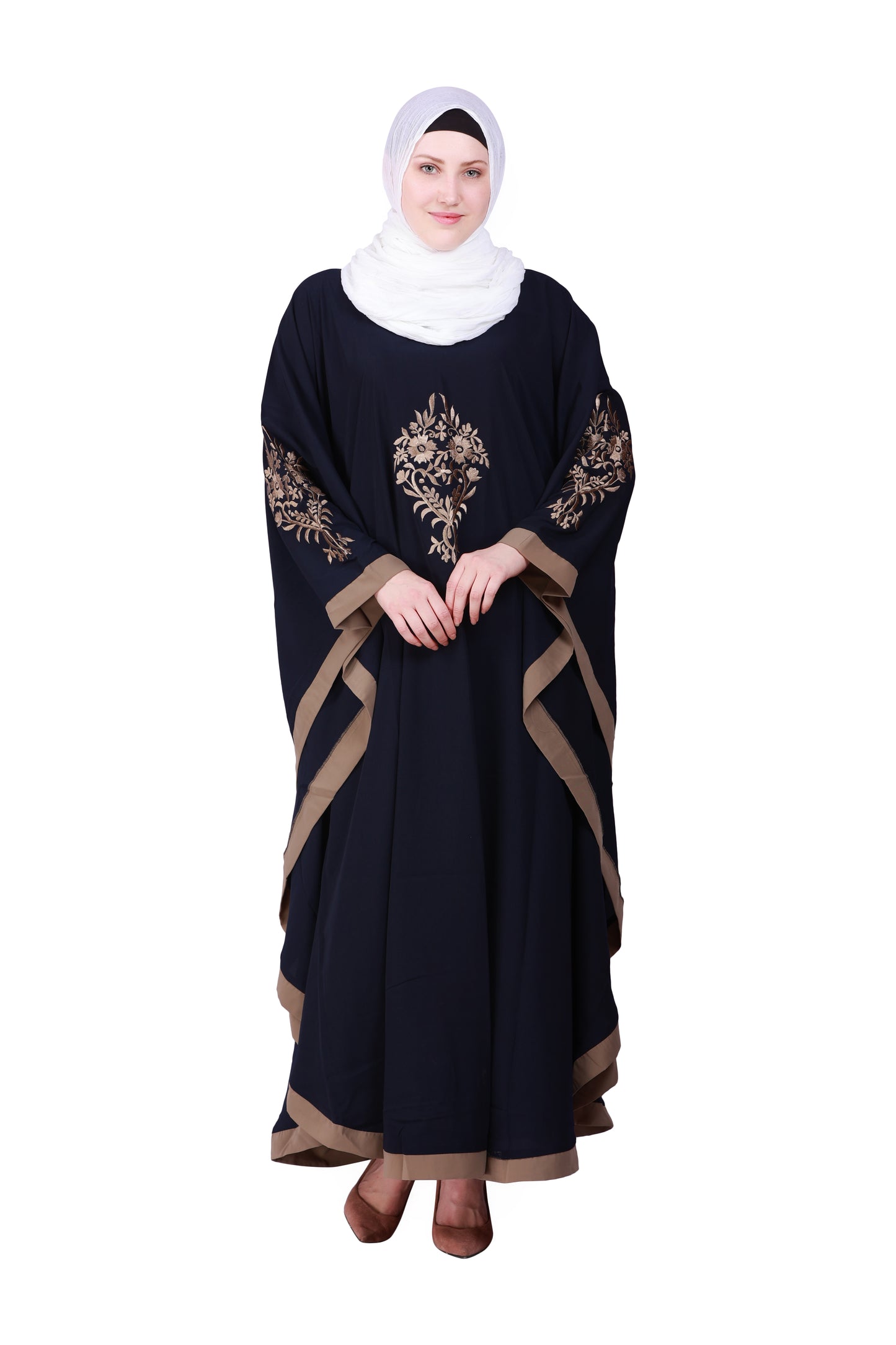 Beautiful Self Design Blue 3 Boota Embroidery With Single Beige Patti Crepe Kaftan Abaya or Burqa for Women & Girls_00853