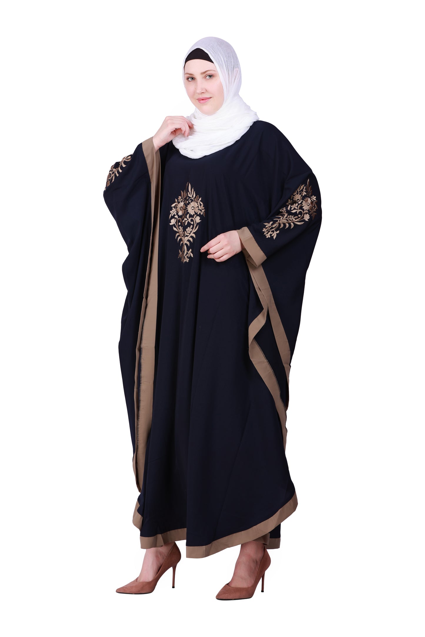 Beautiful Self Design Blue 3 Boota Embroidery With Single Beige Patti Crepe Kaftan Abaya or Burqa for Women & Girls_00853