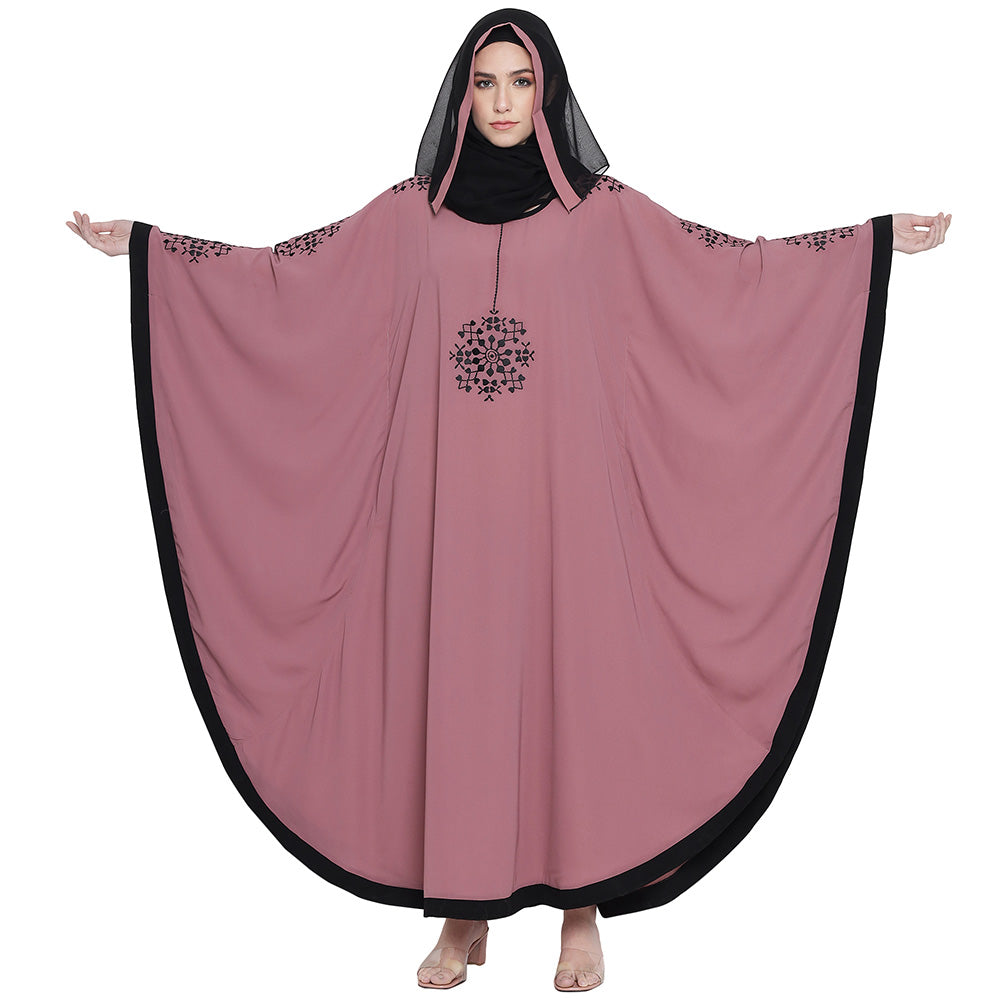 Beautiful Self Design Pink 7 Boota Embroidery With Single Black Patti Crepe Kaftan Abaya or Burqa for Women & Girls_00860