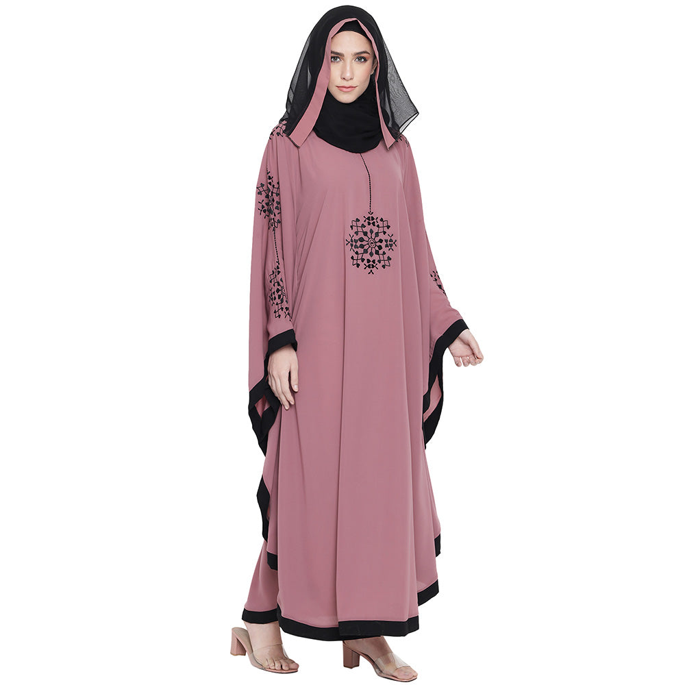 Beautiful Self Design Pink 7 Boota Embroidery With Single Black Patti Crepe Kaftan Abaya or Burqa for Women & Girls_00860