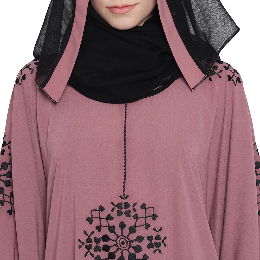 Beautiful Self Design Pink 7 Boota Embroidery With Single Black Patti Crepe Kaftan Abaya or Burqa for Women & Girls_00860