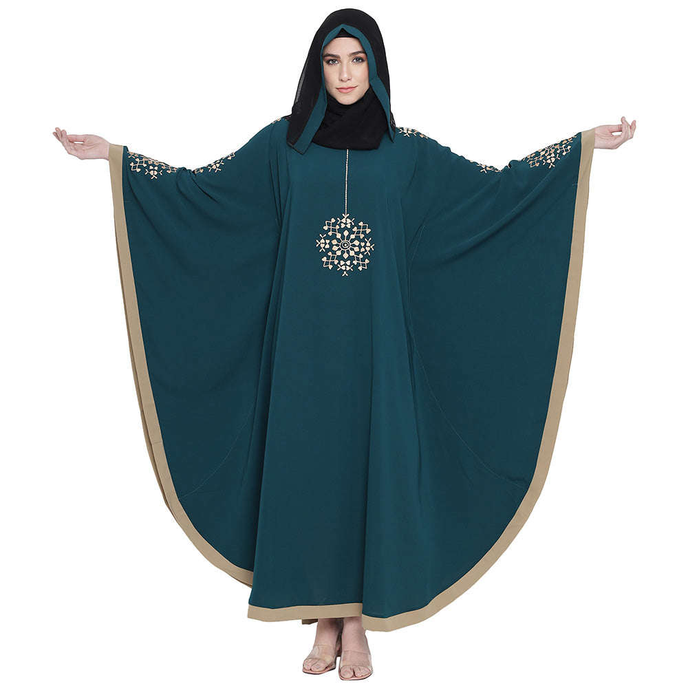 Beautiful Self Design Ramagreen 7 Boota Embroidery With Single Beige Patti Crepe Kaftan Abaya or Burqa for Women & Girls_00861