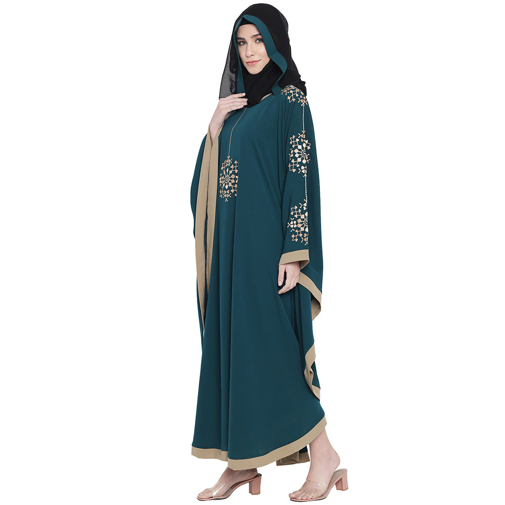 Beautiful Self Design Ramagreen 7 Boota Embroidery With Single Beige Patti Crepe Kaftan Abaya or Burqa for Women & Girls_00861