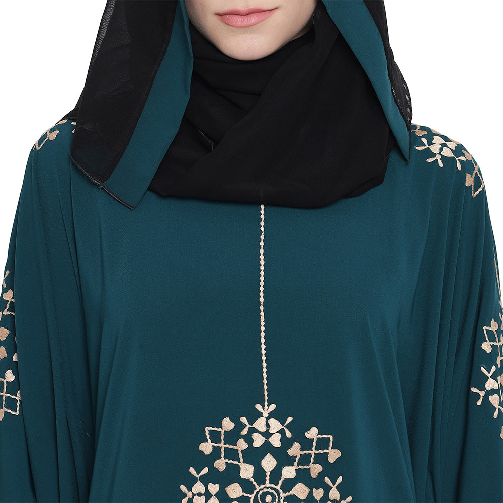 Beautiful Self Design Ramagreen 7 Boota Embroidery With Single Beige Patti Crepe Kaftan Abaya or Burqa for Women & Girls_00861