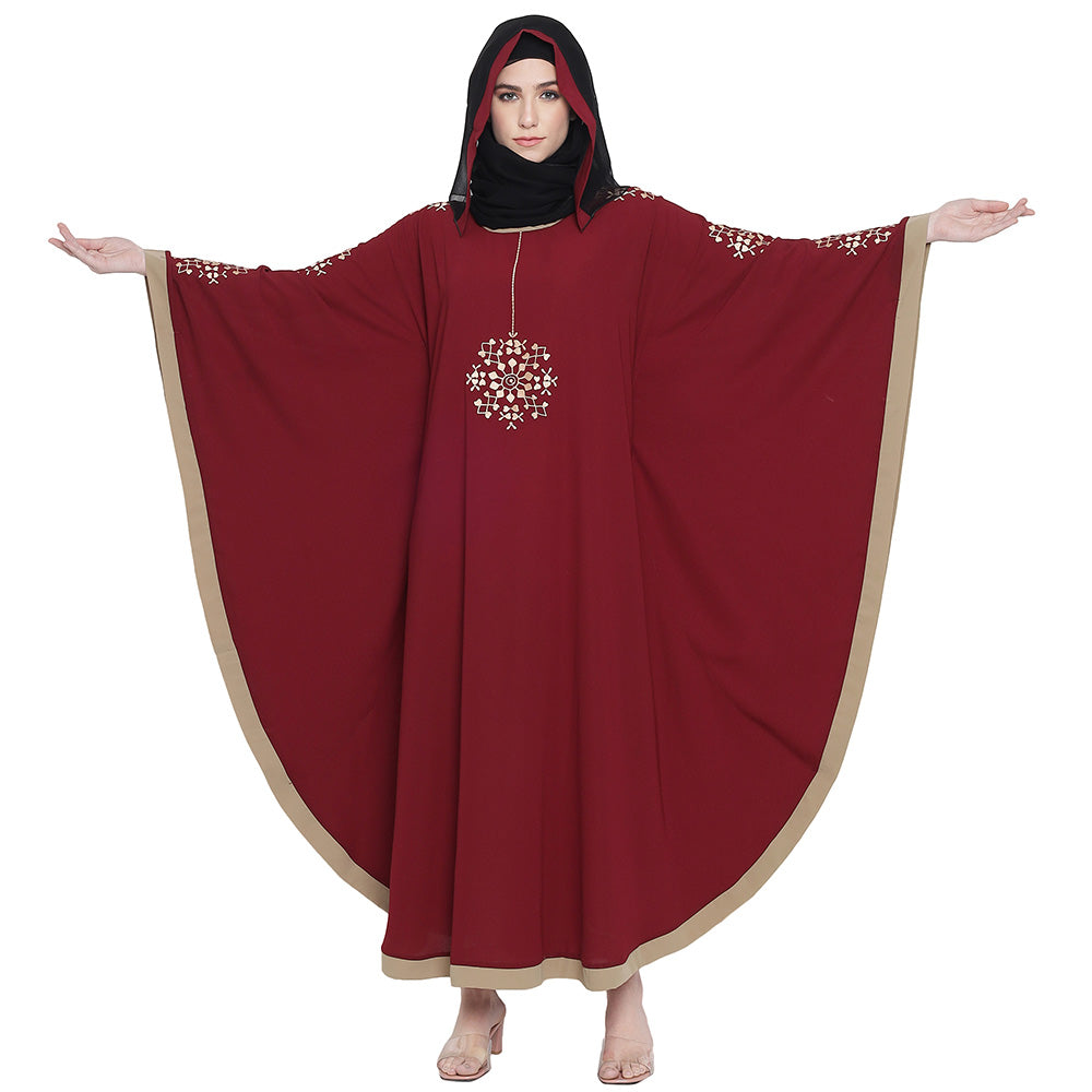 Beautiful Self Design Maroon 7 Boota Embroidery With Single Beige Patti Crepe Kaftan Abaya or Burqa for Women & Girls_00862
