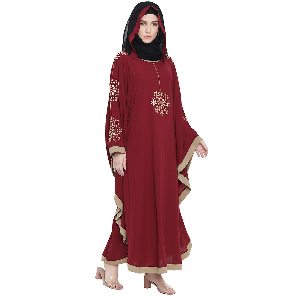 Beautiful Self Design Maroon 7 Boota Embroidery With Single Beige Patti Crepe Kaftan Abaya or Burqa for Women & Girls_00862