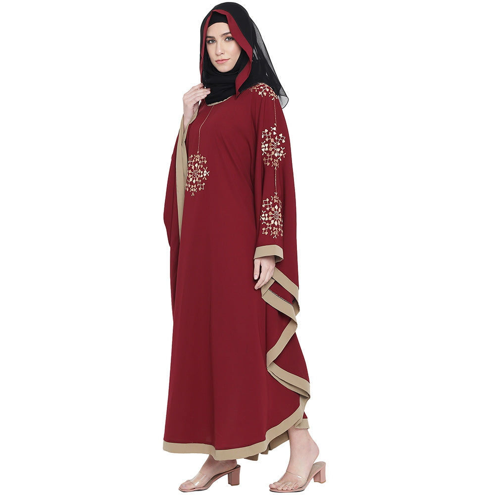 Beautiful Self Design Maroon 7 Boota Embroidery With Single Beige Patti Crepe Kaftan Abaya or Burqa for Women & Girls_00862