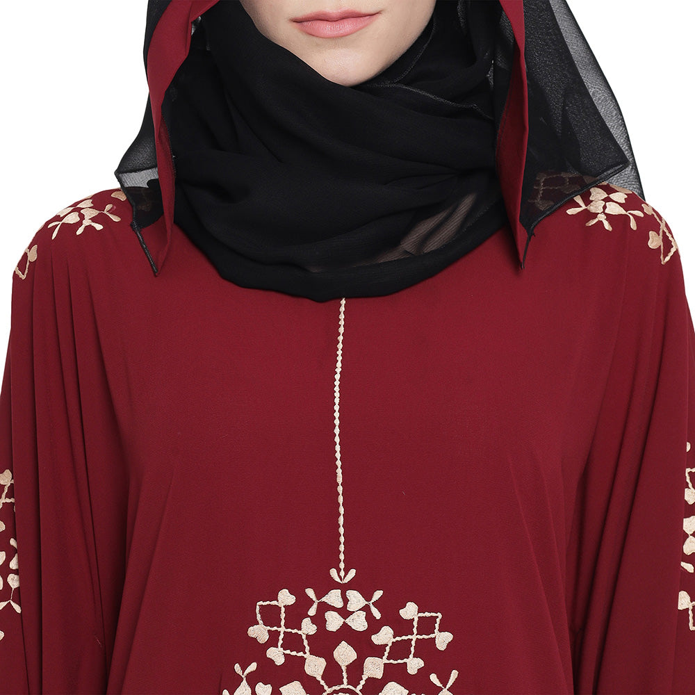Beautiful Self Design Maroon 7 Boota Embroidery With Single Beige Patti Crepe Kaftan Abaya or Burqa for Women & Girls_00862