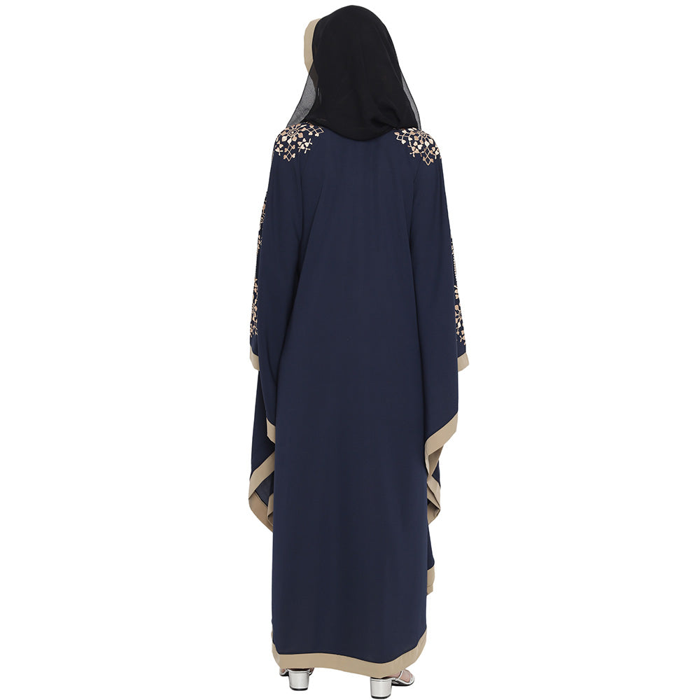 Beautiful Self Design Blue 7 Boota Embroidery With Single Beige Patti Crepe Kaftan Abaya or Burqa for Women & Girls_00863