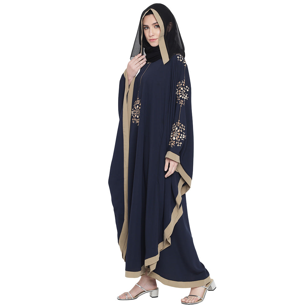 Beautiful Self Design Blue 7 Boota Embroidery With Single Beige Patti Crepe Kaftan Abaya or Burqa for Women & Girls_00863