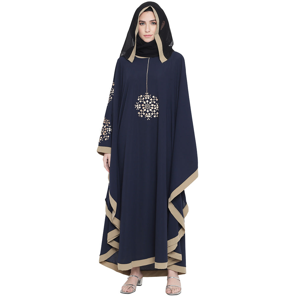 Beautiful Self Design Blue 7 Boota Embroidery With Single Beige Patti Crepe Kaftan Abaya or Burqa for Women & Girls_00863