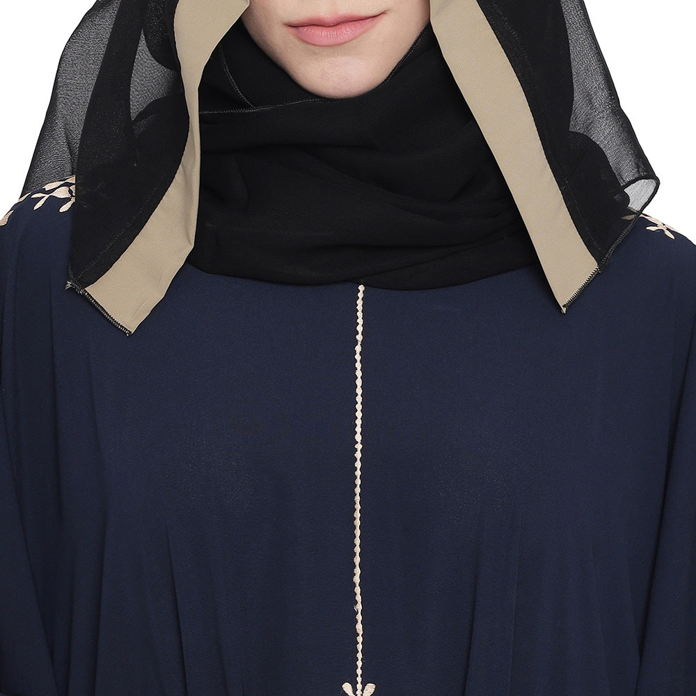 Beautiful Self Design Blue 7 Boota Embroidery With Single Beige Patti Crepe Kaftan Abaya or Burqa for Women & Girls_00863